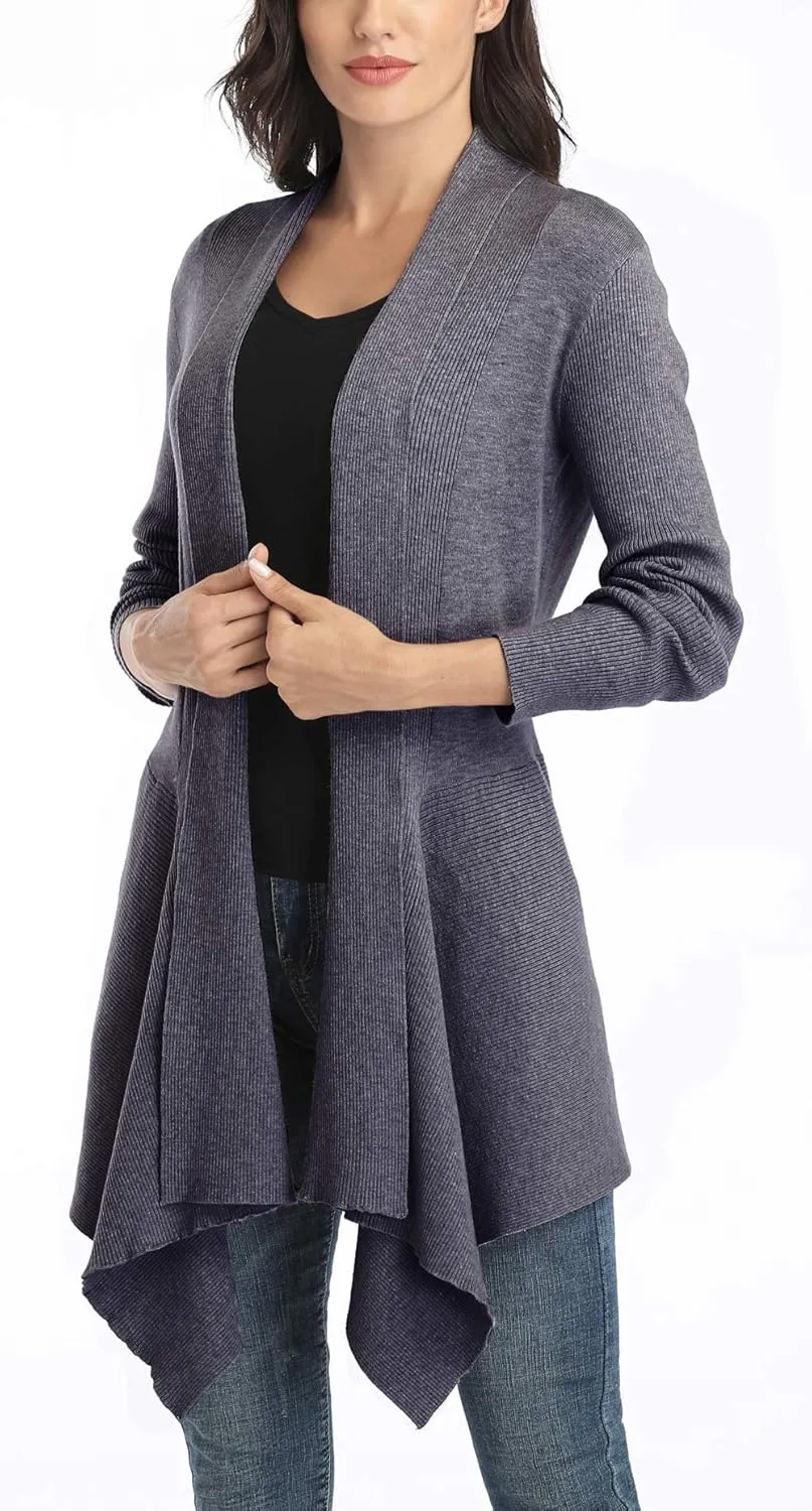 Dilgul Women Open Front Ribbed Drape Long Sleeve Cascading Cardigan Sweater