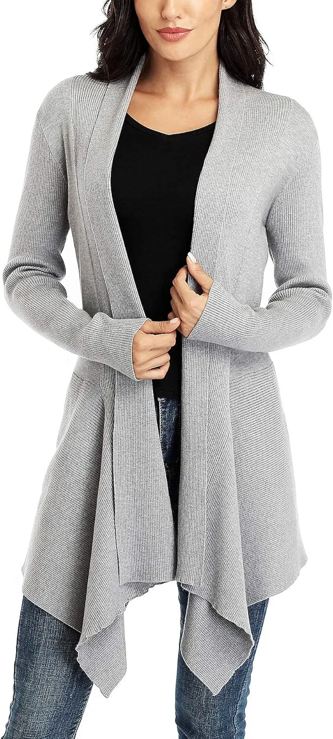Dilgul Women Open Front Ribbed Drape Long Sleeve Cascading Cardigan Sweater
