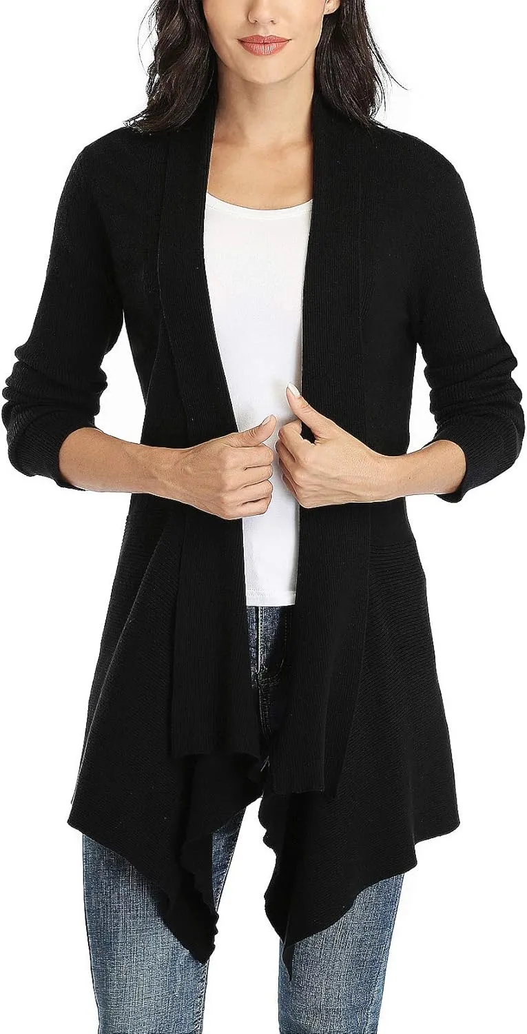Dilgul Women Open Front Ribbed Drape Long Sleeve Cascading Cardigan Sweater