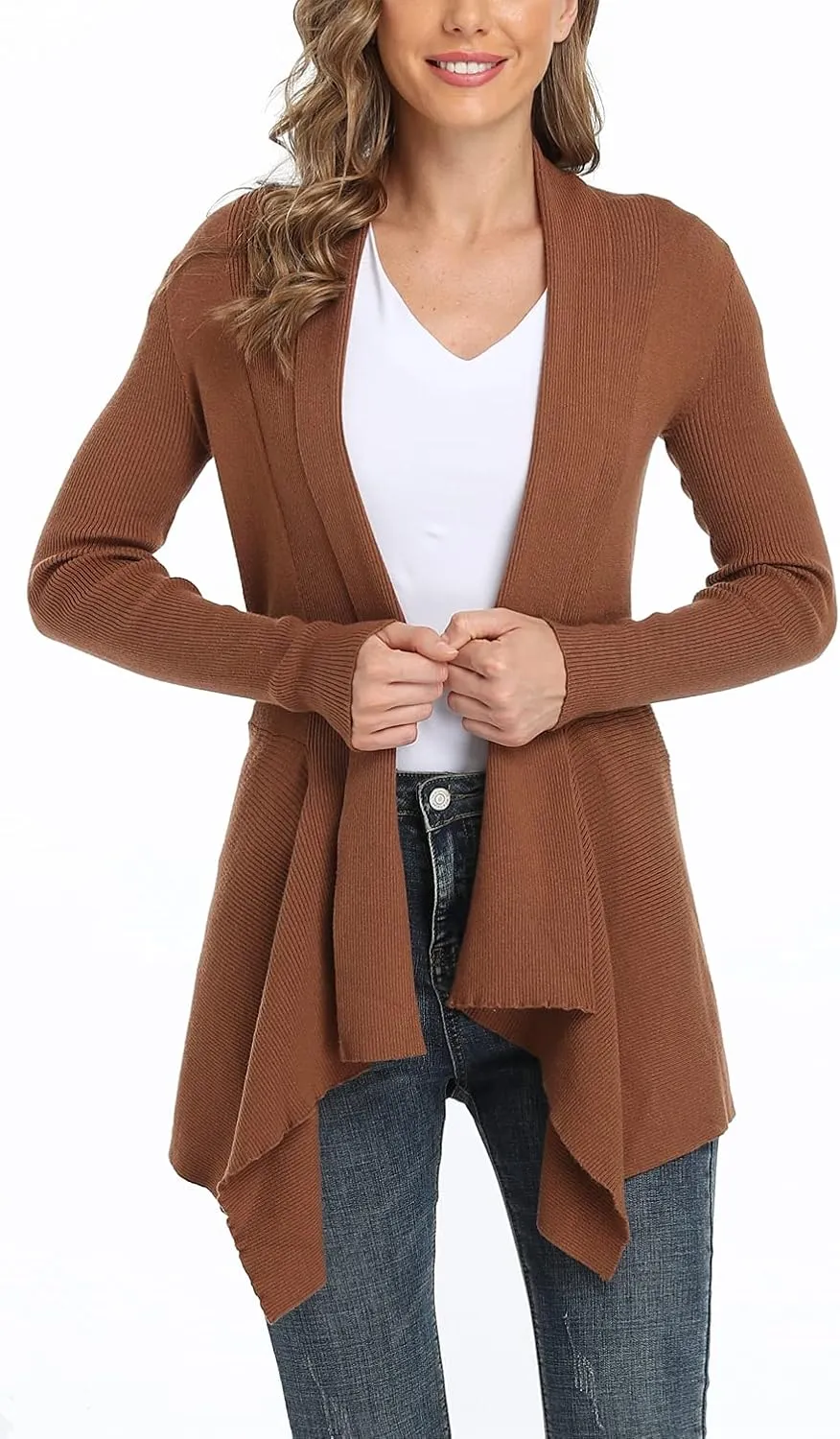 Dilgul Women Open Front Ribbed Drape Long Sleeve Cascading Cardigan Sweater