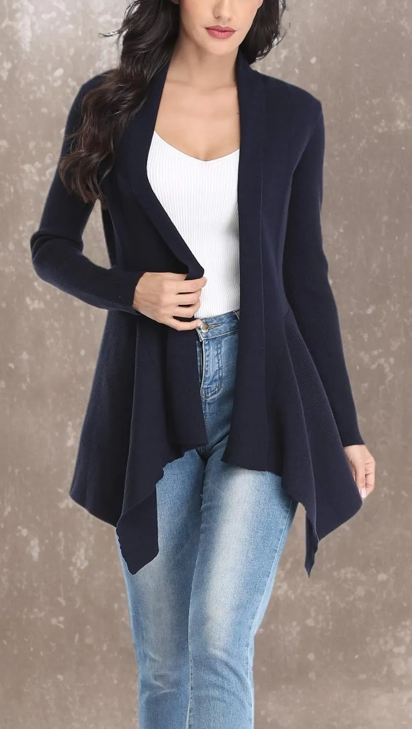 Dilgul Women Open Front Ribbed Drape Long Sleeve Cascading Cardigan Sweater