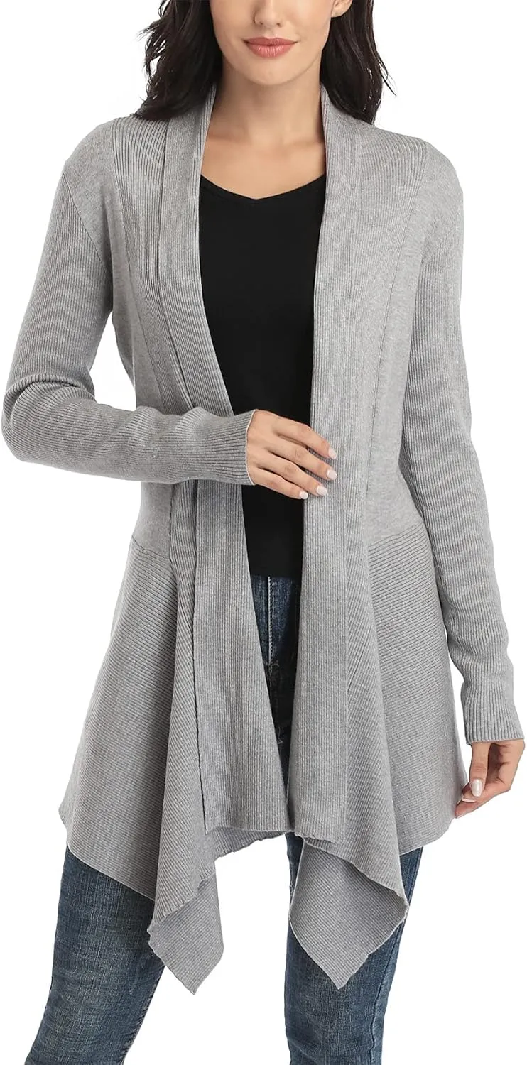 Dilgul Women Open Front Ribbed Drape Long Sleeve Cascading Cardigan Sweater