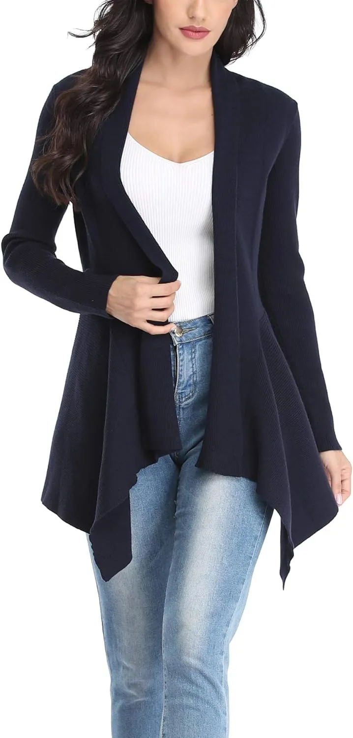 Dilgul Women Open Front Ribbed Drape Long Sleeve Cascading Cardigan Sweater