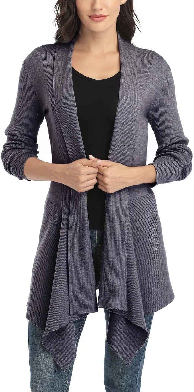 Dilgul Women Open Front Ribbed Drape Long Sleeve Cascading Cardigan Sweater