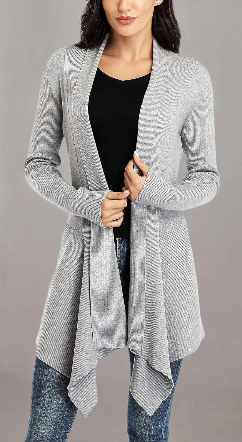 Dilgul Women Open Front Ribbed Drape Long Sleeve Cascading Cardigan Sweater