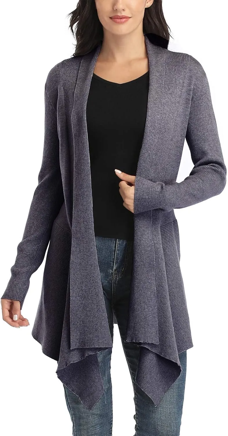 Dilgul Women Open Front Ribbed Drape Long Sleeve Cascading Cardigan Sweater