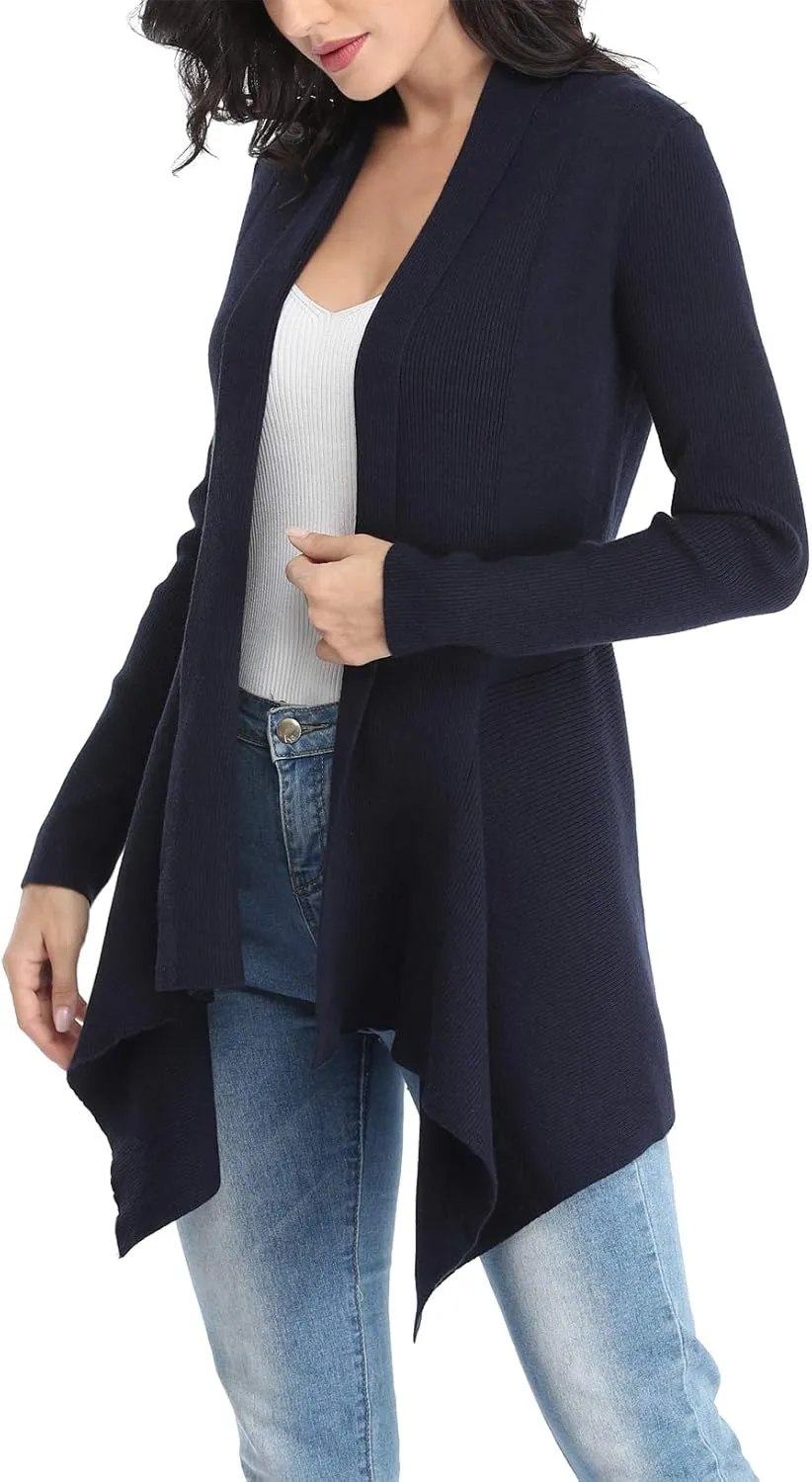 Dilgul Women Open Front Ribbed Drape Long Sleeve Cascading Cardigan Sweater