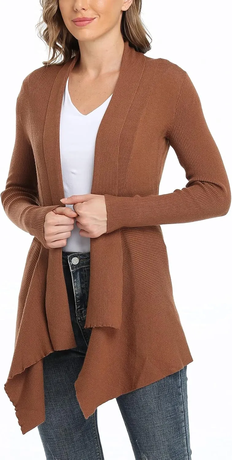Dilgul Women Open Front Ribbed Drape Long Sleeve Cascading Cardigan Sweater