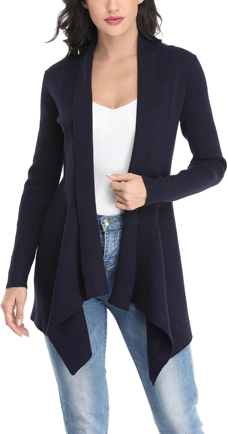 Dilgul Women Open Front Ribbed Drape Long Sleeve Cascading Cardigan Sweater
