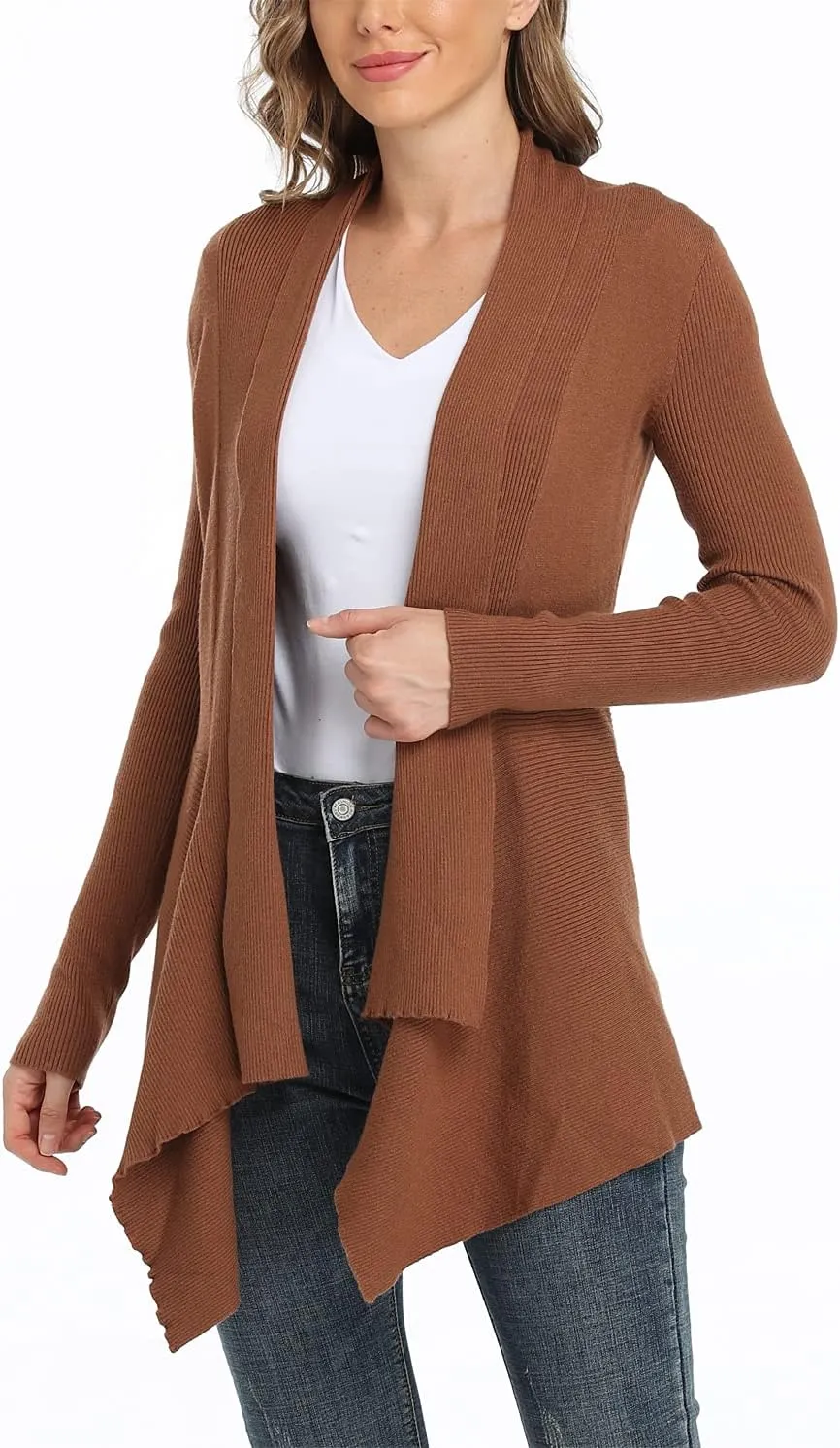 Dilgul Women Open Front Ribbed Drape Long Sleeve Cascading Cardigan Sweater