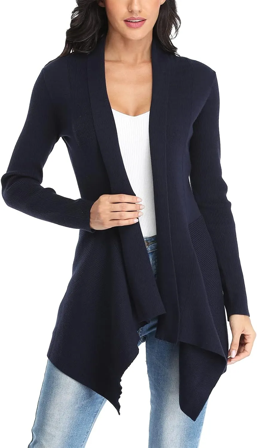 Dilgul Women Open Front Ribbed Drape Long Sleeve Cascading Cardigan Sweater