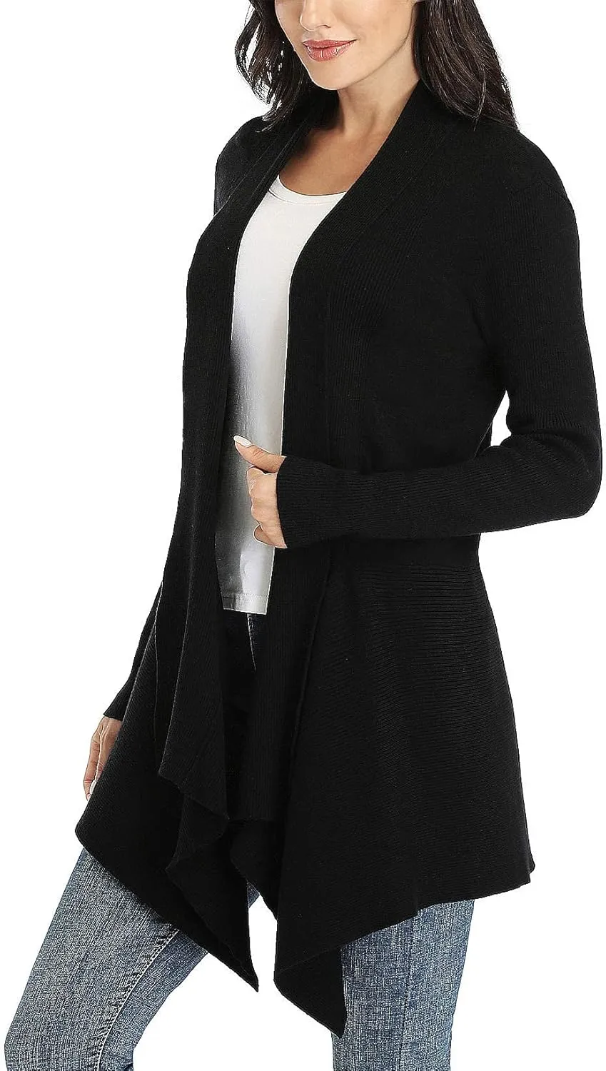 Dilgul Women Open Front Ribbed Drape Long Sleeve Cascading Cardigan Sweater