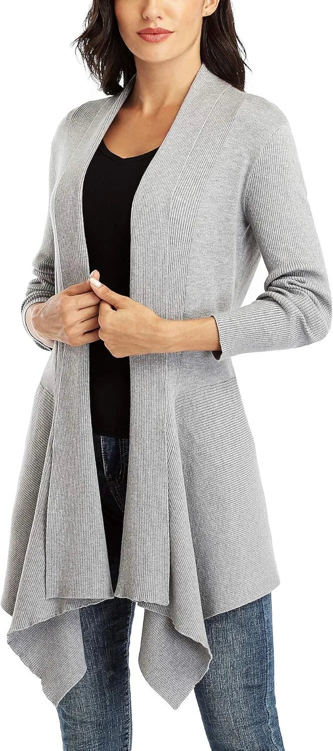 Dilgul Women Open Front Ribbed Drape Long Sleeve Cascading Cardigan Sweater