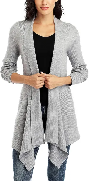 Dilgul Women Open Front Ribbed Drape Long Sleeve Cascading Cardigan Sweater