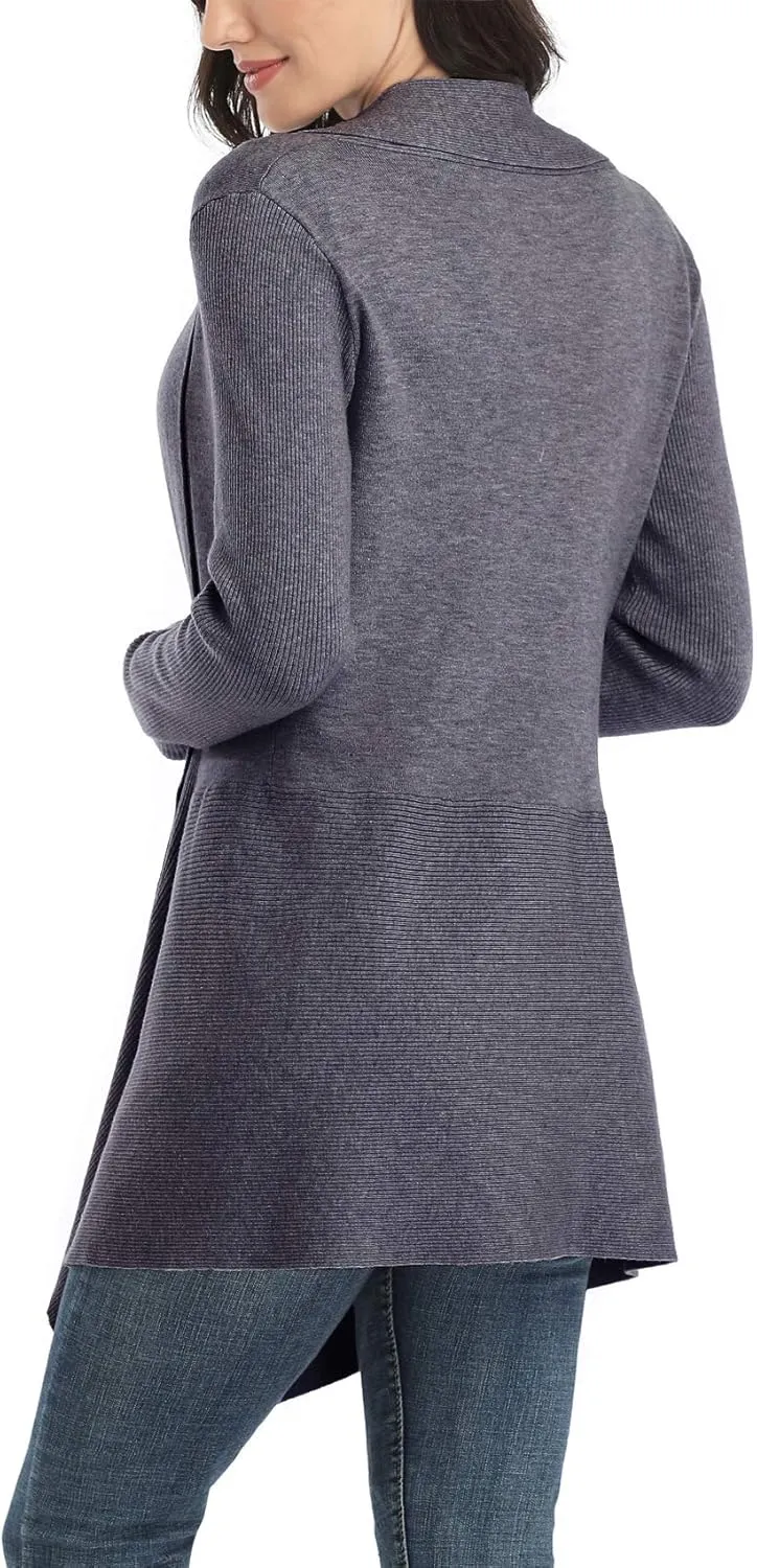 Dilgul Women Open Front Ribbed Drape Long Sleeve Cascading Cardigan Sweater