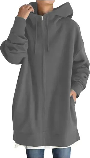 DOLKFU Womens Drawstring Long Hoodie Dress Zip Up Pullover Hooded Sweatshirts Casual Clothes Oversized Y2K Winter Tops