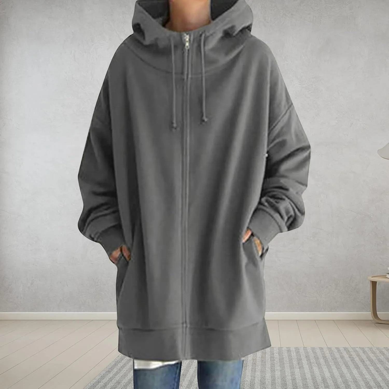 DOLKFU Womens Drawstring Long Hoodie Dress Zip Up Pullover Hooded Sweatshirts Casual Clothes Oversized Y2K Winter Tops