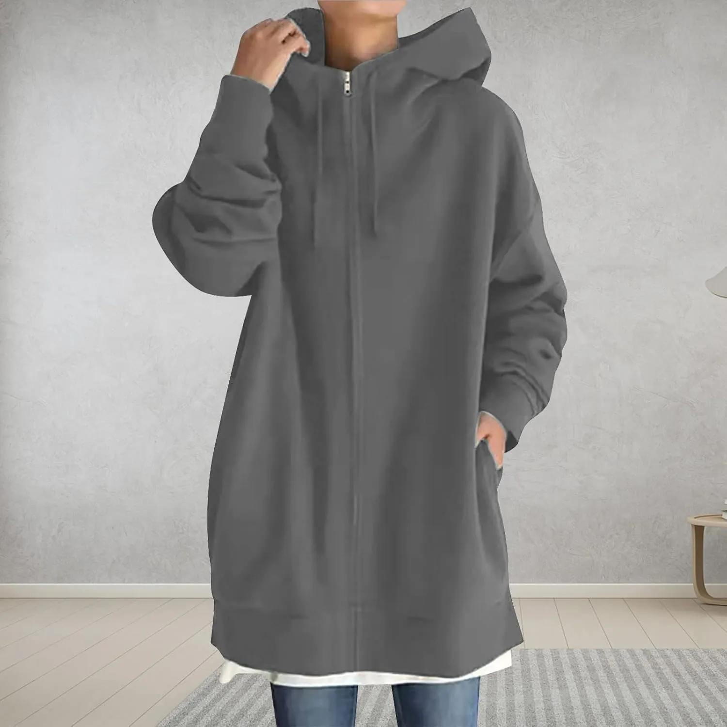 DOLKFU Womens Drawstring Long Hoodie Dress Zip Up Pullover Hooded Sweatshirts Casual Clothes Oversized Y2K Winter Tops