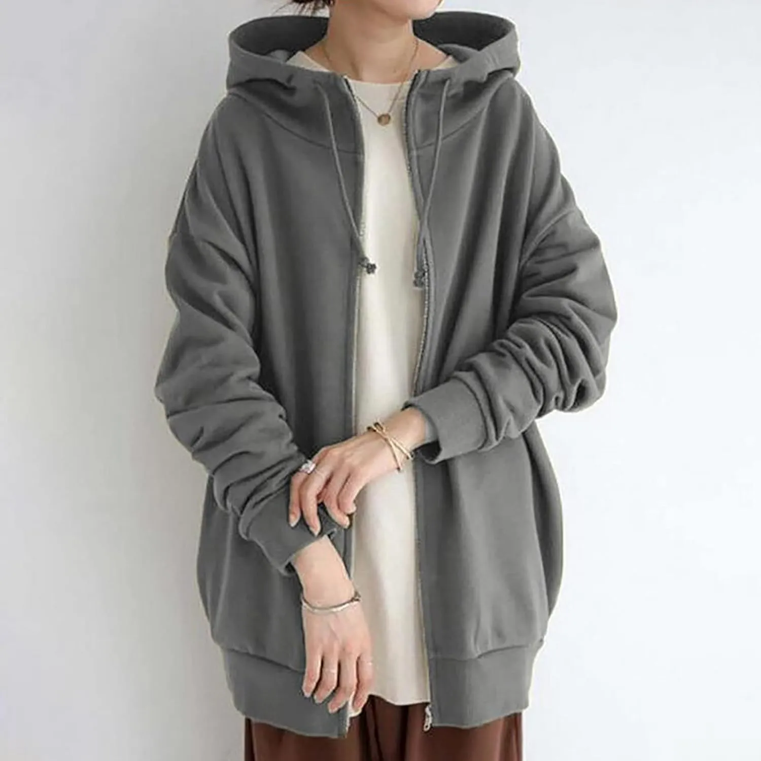 DOLKFU Womens Drawstring Long Hoodie Dress Zip Up Pullover Hooded Sweatshirts Casual Clothes Oversized Y2K Winter Tops