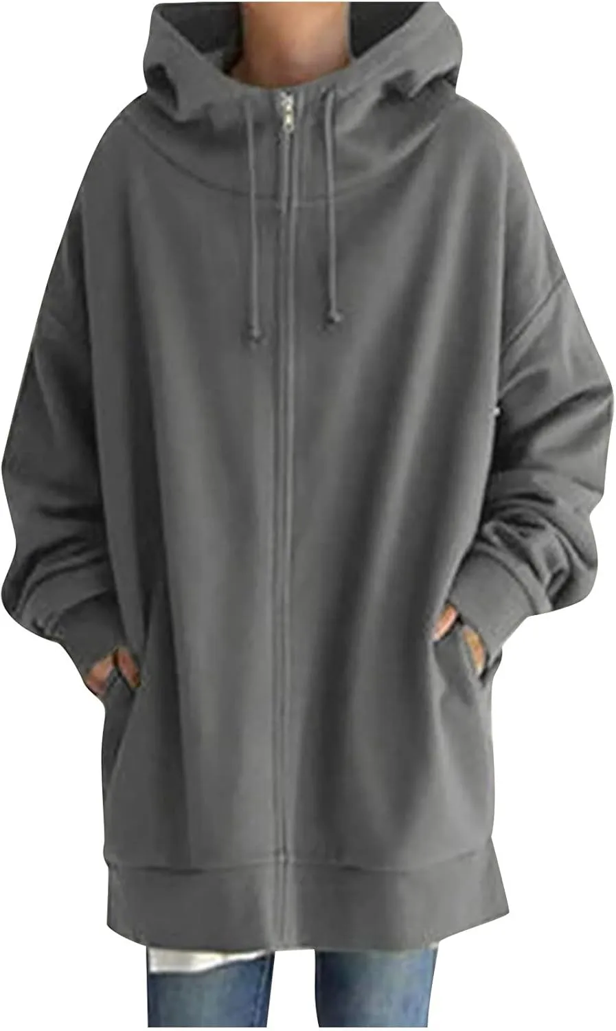 DOLKFU Womens Drawstring Long Hoodie Dress Zip Up Pullover Hooded Sweatshirts Casual Clothes Oversized Y2K Winter Tops