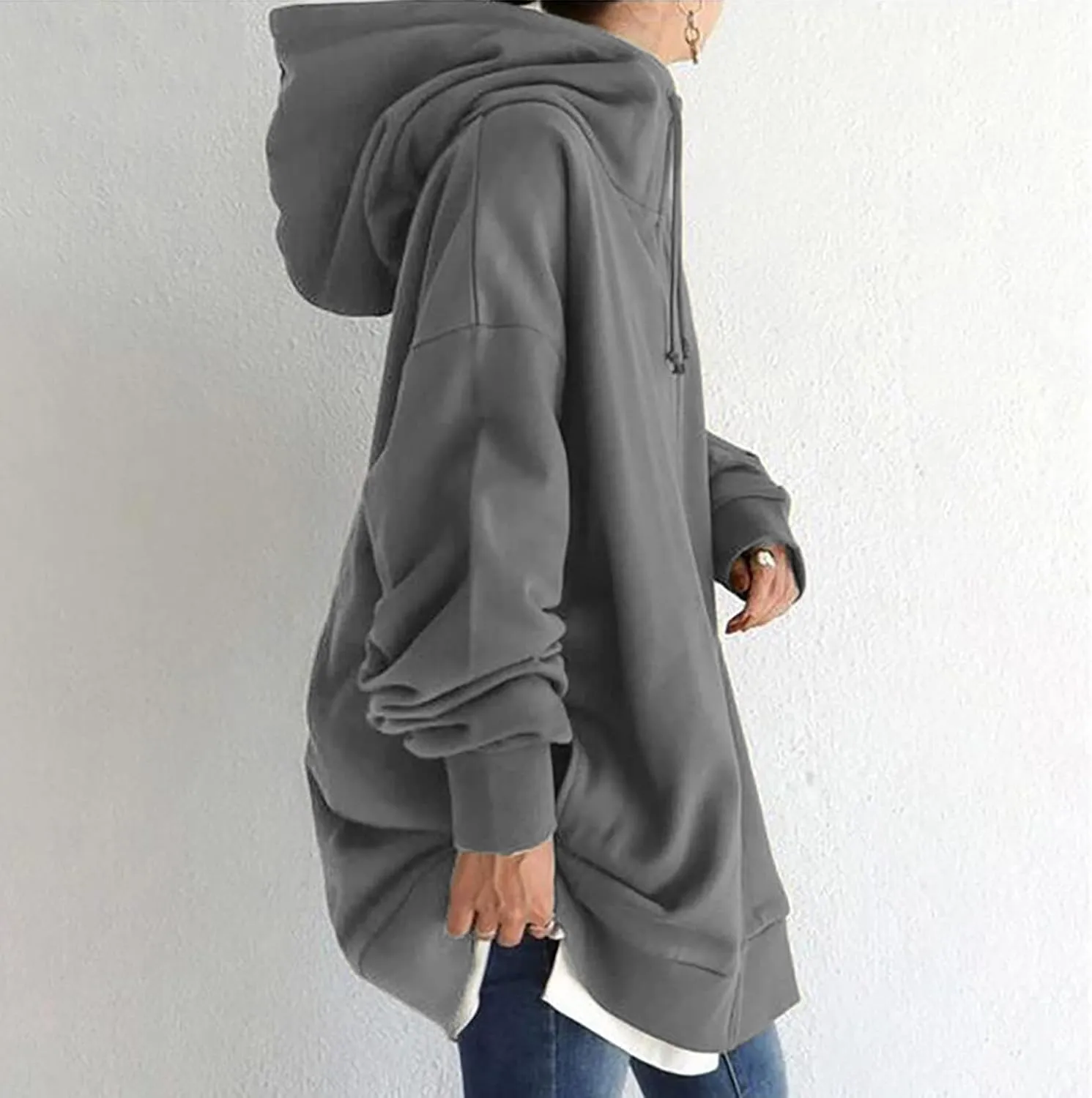 DOLKFU Womens Drawstring Long Hoodie Dress Zip Up Pullover Hooded Sweatshirts Casual Clothes Oversized Y2K Winter Tops