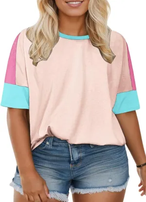 DOLNINE Plus-Size-Tops for Women Summer Color Block Shirts Casual Crewneck Tees Trendy Going Out Side Split Tunics XL-5XL