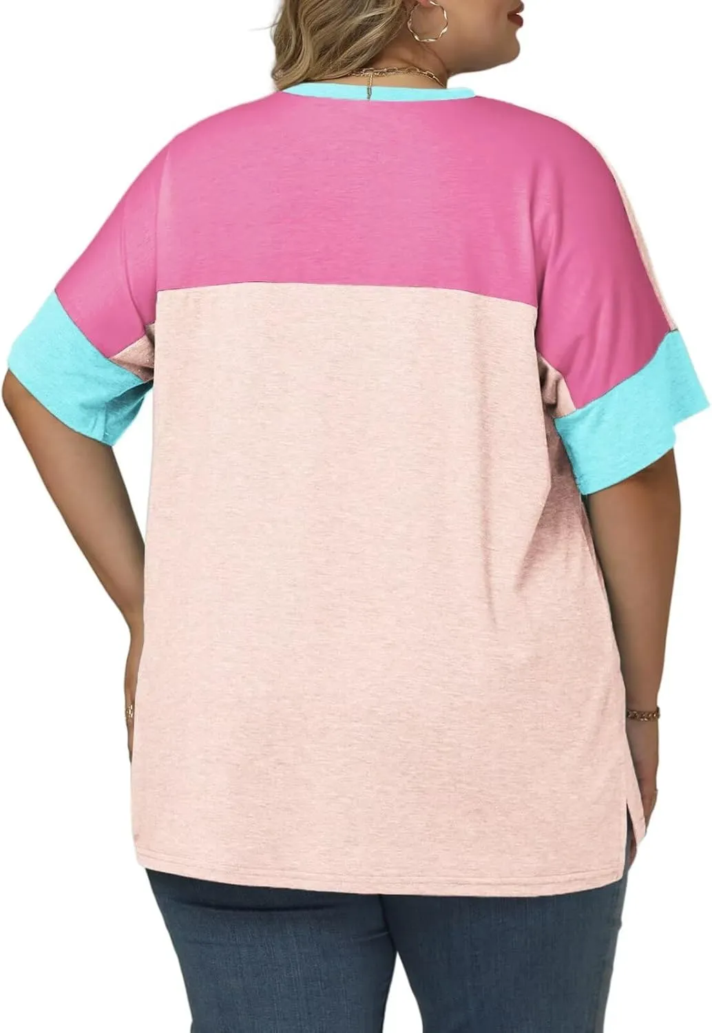 DOLNINE Plus-Size-Tops for Women Summer Color Block Shirts Casual Crewneck Tees Trendy Going Out Side Split Tunics XL-5XL