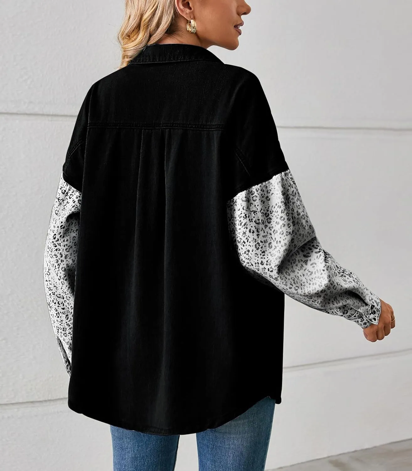 ebossy Women's Spliced Leopard Print Denim Shirt Button Down Casual Jean Jacket Top
