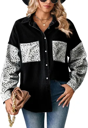 ebossy Women's Spliced Leopard Print Denim Shirt Button Down Casual Jean Jacket Top