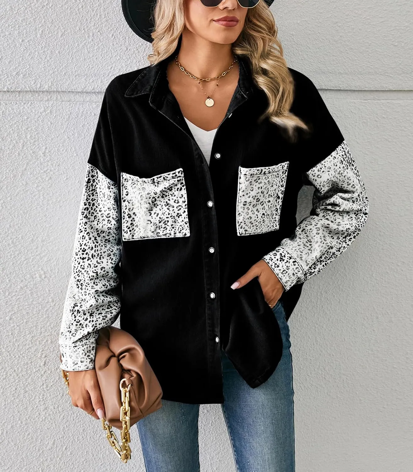 ebossy Women's Spliced Leopard Print Denim Shirt Button Down Casual Jean Jacket Top