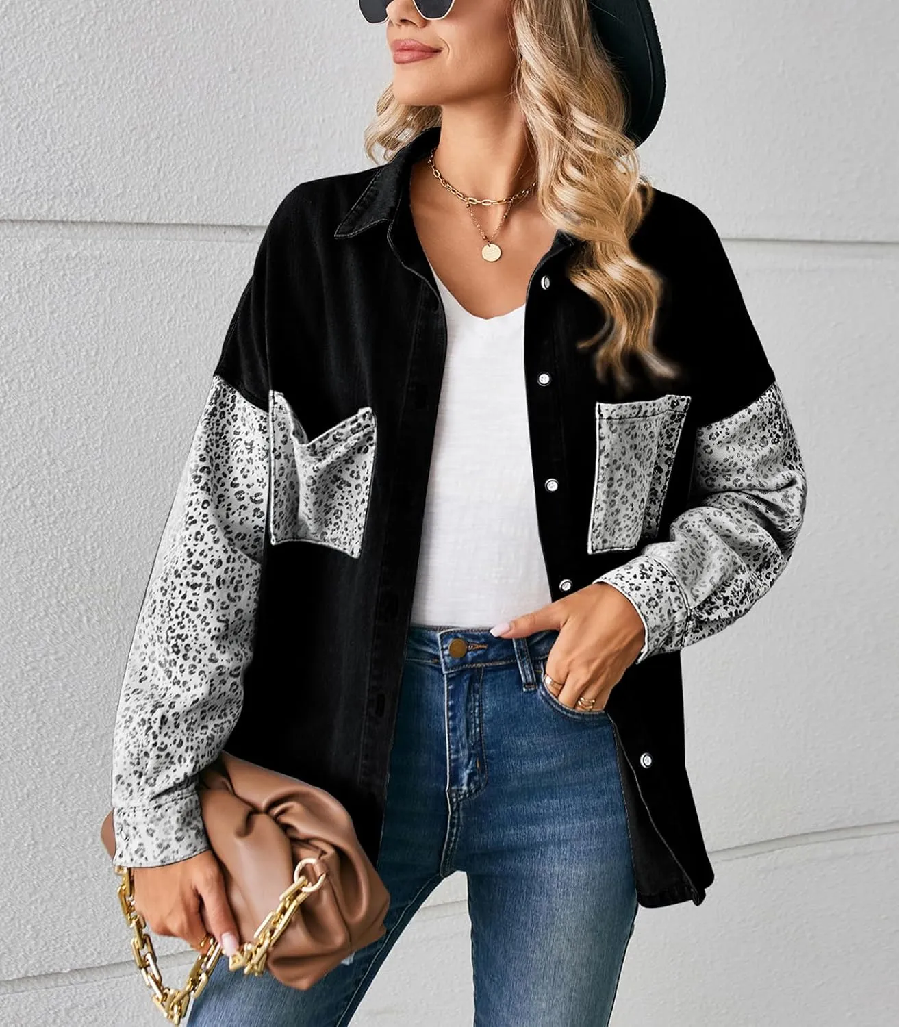 ebossy Women's Spliced Leopard Print Denim Shirt Button Down Casual Jean Jacket Top