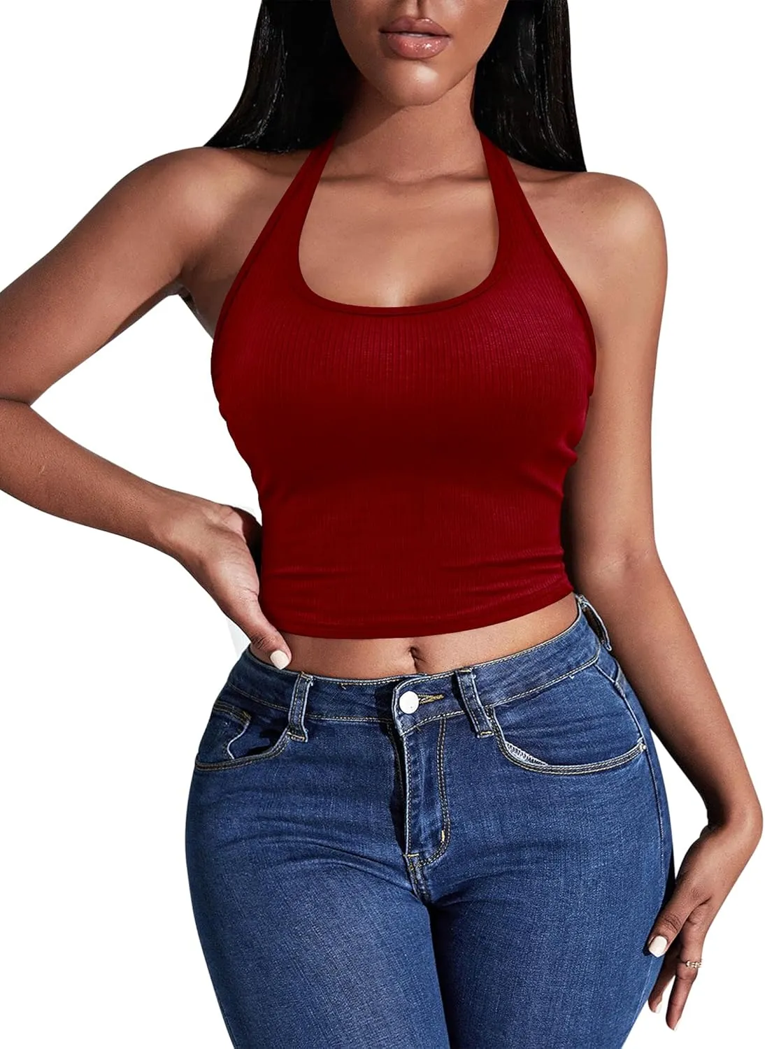 Ekouaer Women Halter Top Backless Scroop Neck Slim Stretchy Ribbed Knit Camisole Crop Tops S-XXL