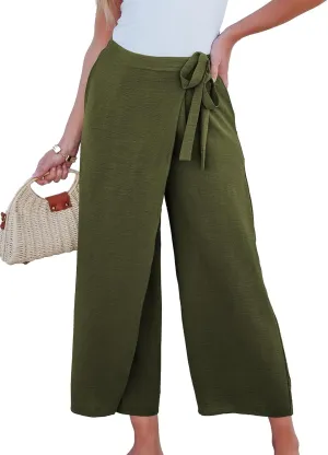 EVALESS Women's Wide Leg Palazzo Pants Work Casual Trousers Summer Elastic High Waisted Cute Side Tie Culottes with Pockets