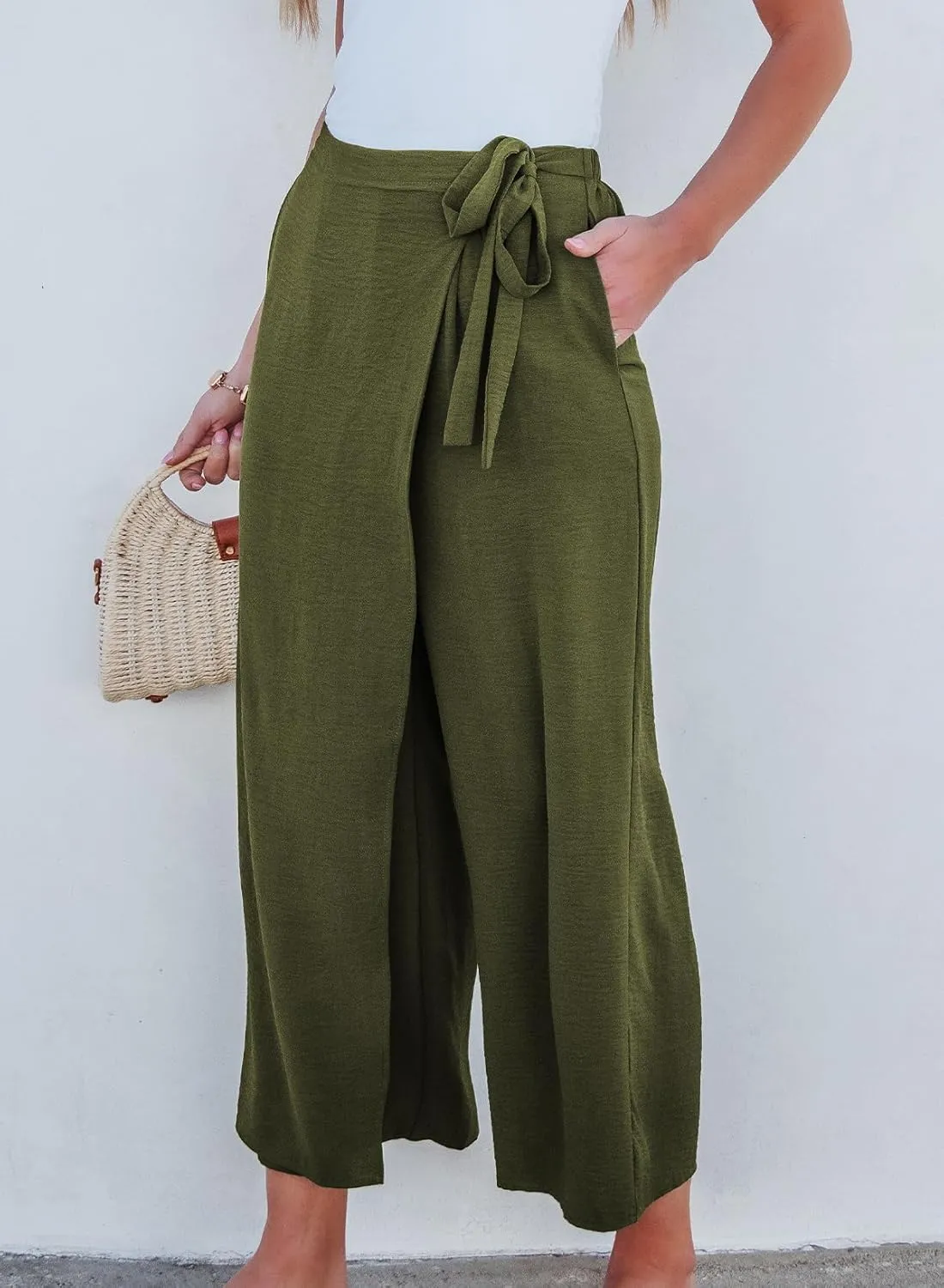 EVALESS Women's Wide Leg Palazzo Pants Work Casual Trousers Summer Elastic High Waisted Cute Side Tie Culottes with Pockets