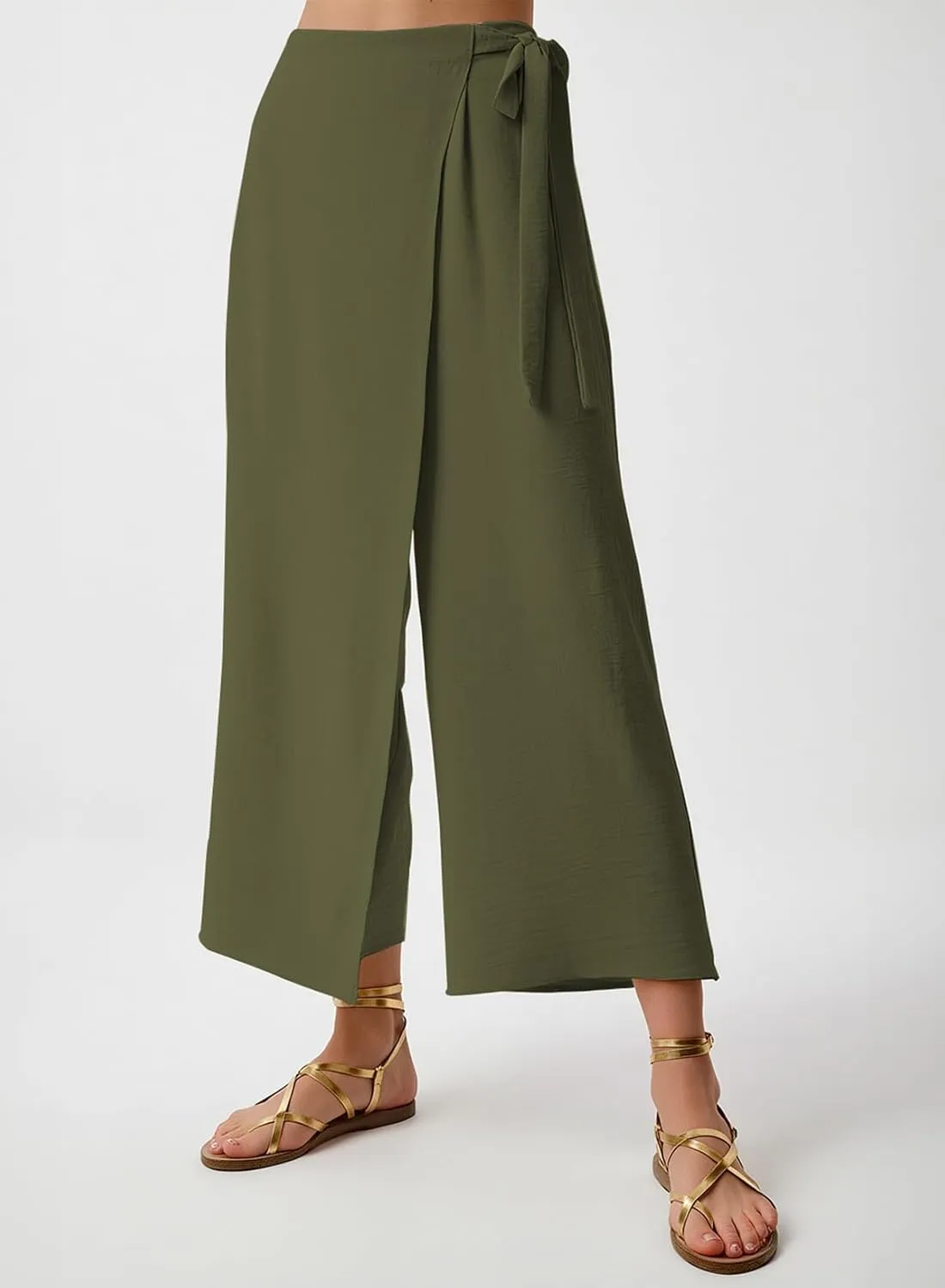 EVALESS Women's Wide Leg Palazzo Pants Work Casual Trousers Summer Elastic High Waisted Cute Side Tie Culottes with Pockets