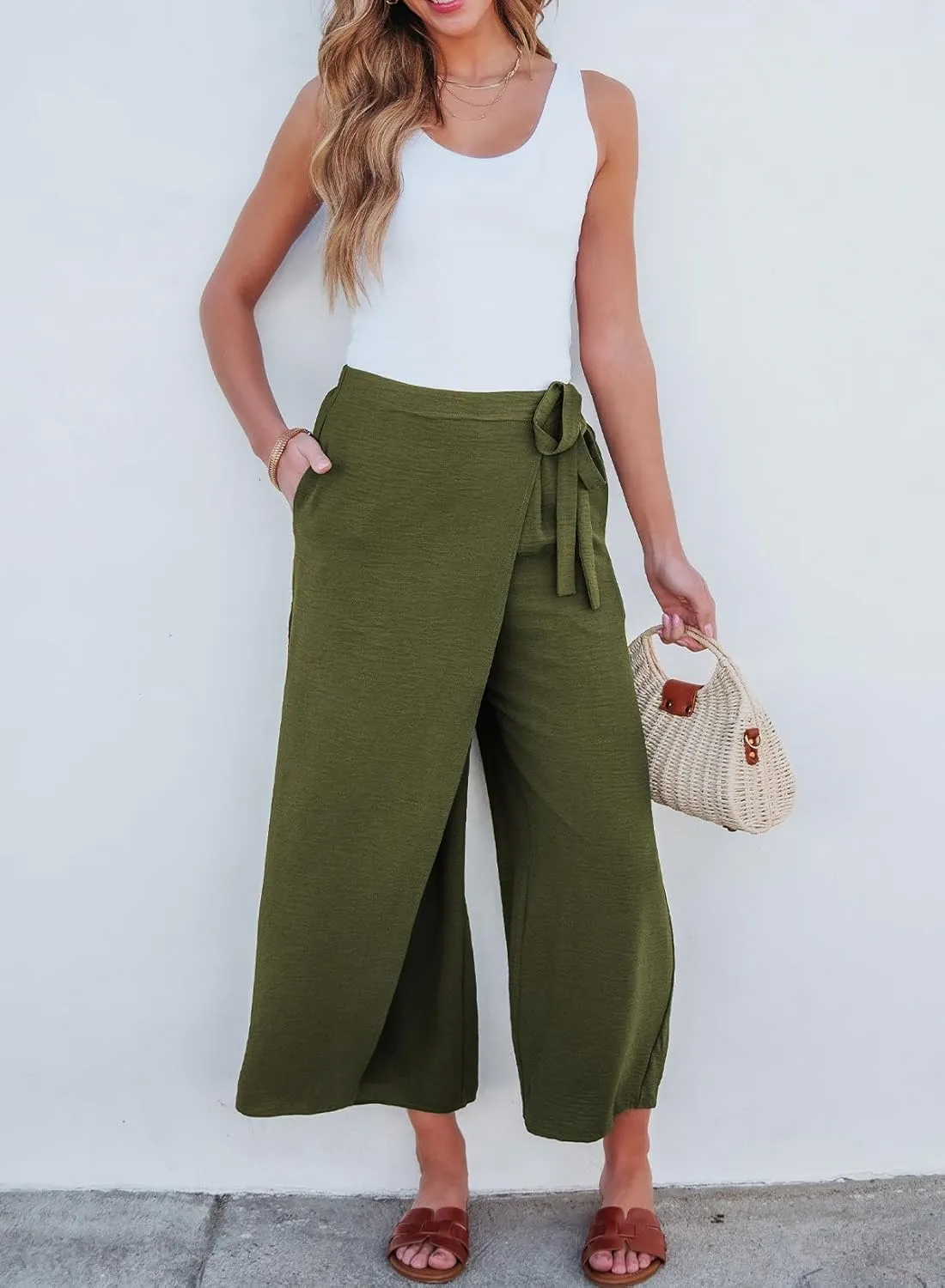 EVALESS Women's Wide Leg Palazzo Pants Work Casual Trousers Summer Elastic High Waisted Cute Side Tie Culottes with Pockets