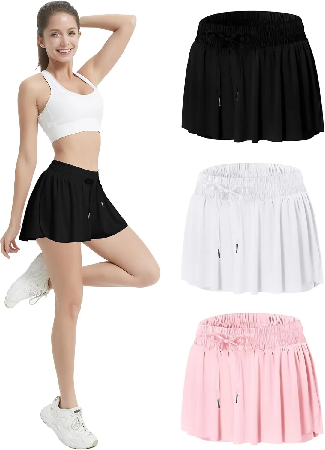 EXARUS 3 Pack Womens Butterfly Shorts Flowy Athletic 2 in 1 Running Workout Tennis Skirt Skorts Gym Preppy