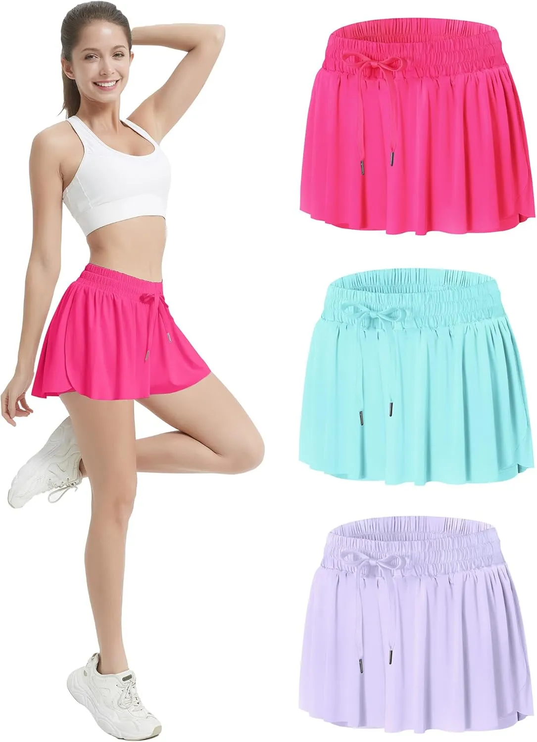 EXARUS 3 Pack Womens Butterfly Shorts Flowy Athletic 2 in 1 Running Workout Tennis Skirt Skorts Gym Preppy