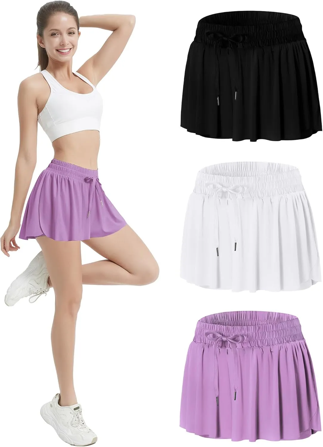 EXARUS 3 Pack Womens Butterfly Shorts Flowy Athletic 2 in 1 Running Workout Tennis Skirt Skorts Gym Preppy