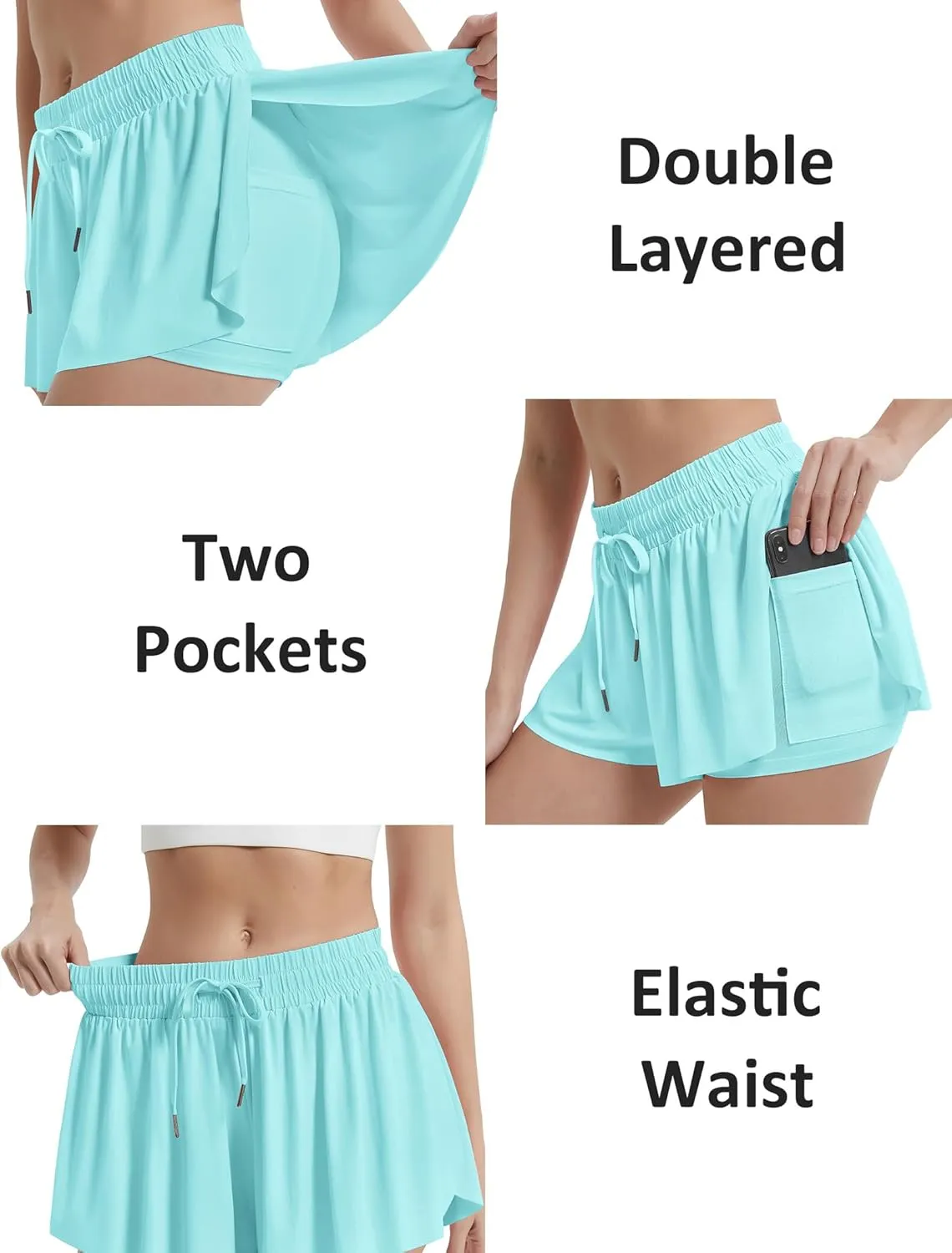 EXARUS 3 Pack Womens Butterfly Shorts Flowy Athletic 2 in 1 Running Workout Tennis Skirt Skorts Gym Preppy