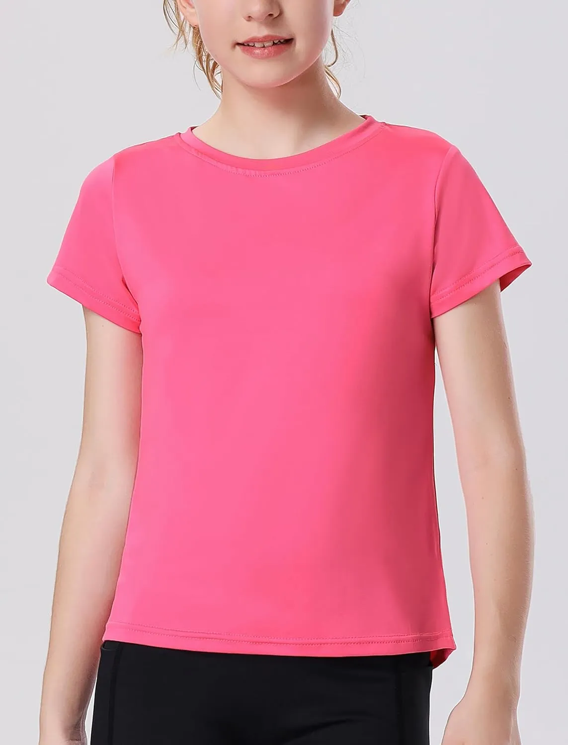 EXARUS 4 Pack Girls Athletic Shirts Quick Dry Short Sleeve Tshirts Crewneck Tee Workout Activewear Tops for Kids 8-16Y