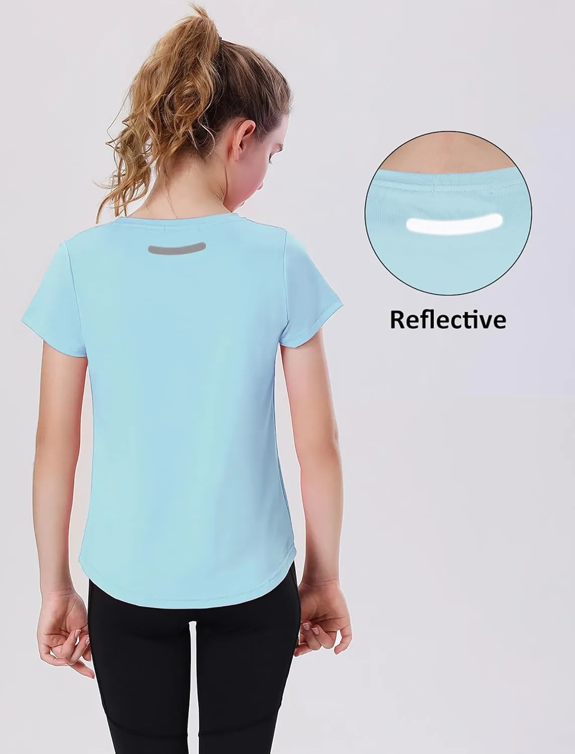 EXARUS 4 Pack Girls Athletic Shirts Quick Dry Short Sleeve Tshirts Crewneck Tee Workout Activewear Tops for Kids 8-16Y