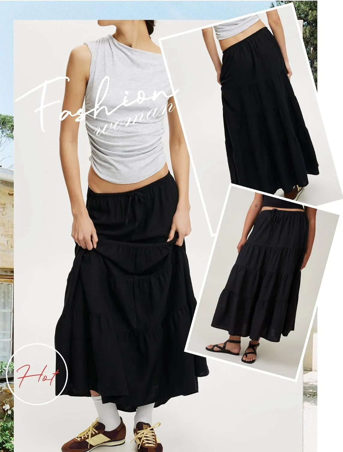 Ezcosplay Women Ruffle Tiered Cotton Maxi Skirt Drawstring Elastic High Waisted Pleated A Line Swing Long Skirts