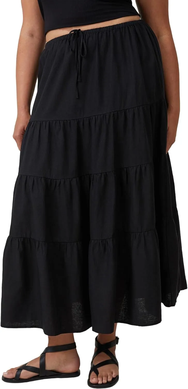 Ezcosplay Women Ruffle Tiered Cotton Maxi Skirt Drawstring Elastic High Waisted Pleated A Line Swing Long Skirts