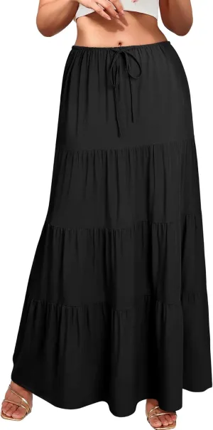 Ezcosplay Women Ruffle Tiered Cotton Maxi Skirt Drawstring Elastic High Waisted Pleated A Line Swing Long Skirts