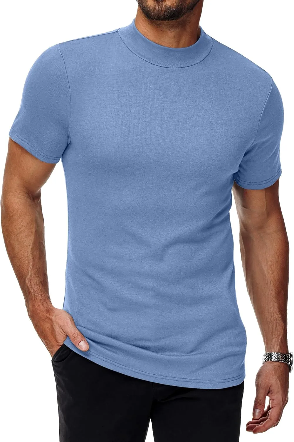 Ficerd 4 Pack Men's Mock Neck T Shirts, Short Sleeve Mock Turtleneck Undershirt Pullover Basic Causal Solid Tee Tops for Men