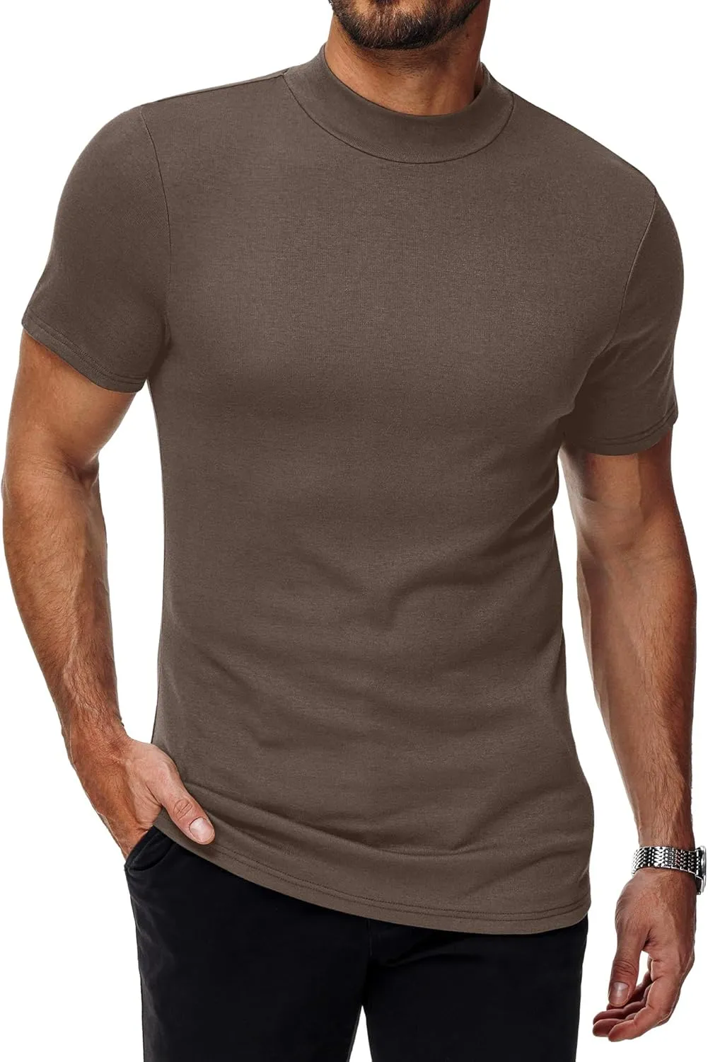 Ficerd 4 Pack Men's Mock Neck T Shirts, Short Sleeve Mock Turtleneck Undershirt Pullover Basic Causal Solid Tee Tops for Men