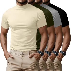 Ficerd 4 Pack Men's Mock Neck T Shirts, Short Sleeve Mock Turtleneck Undershirt Pullover Basic Causal Solid Tee Tops for Men