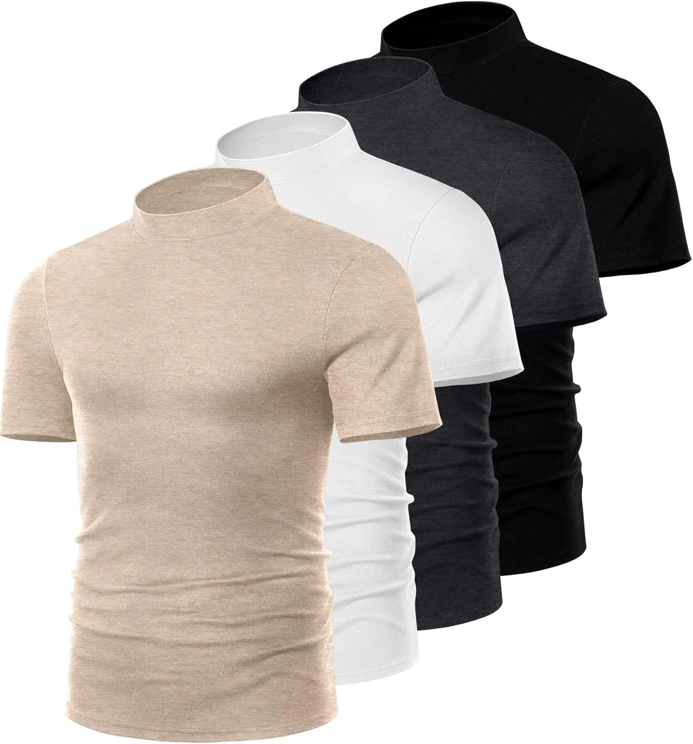 Ficerd 4 Pack Men's Mock Neck T Shirts, Short Sleeve Mock Turtleneck Undershirt Pullover Basic Causal Solid Tee Tops for Men