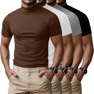 Ficerd 4 Pack Men's Mock Neck T Shirts, Short Sleeve Mock Turtleneck Undershirt Pullover Basic Causal Solid Tee Tops for Men